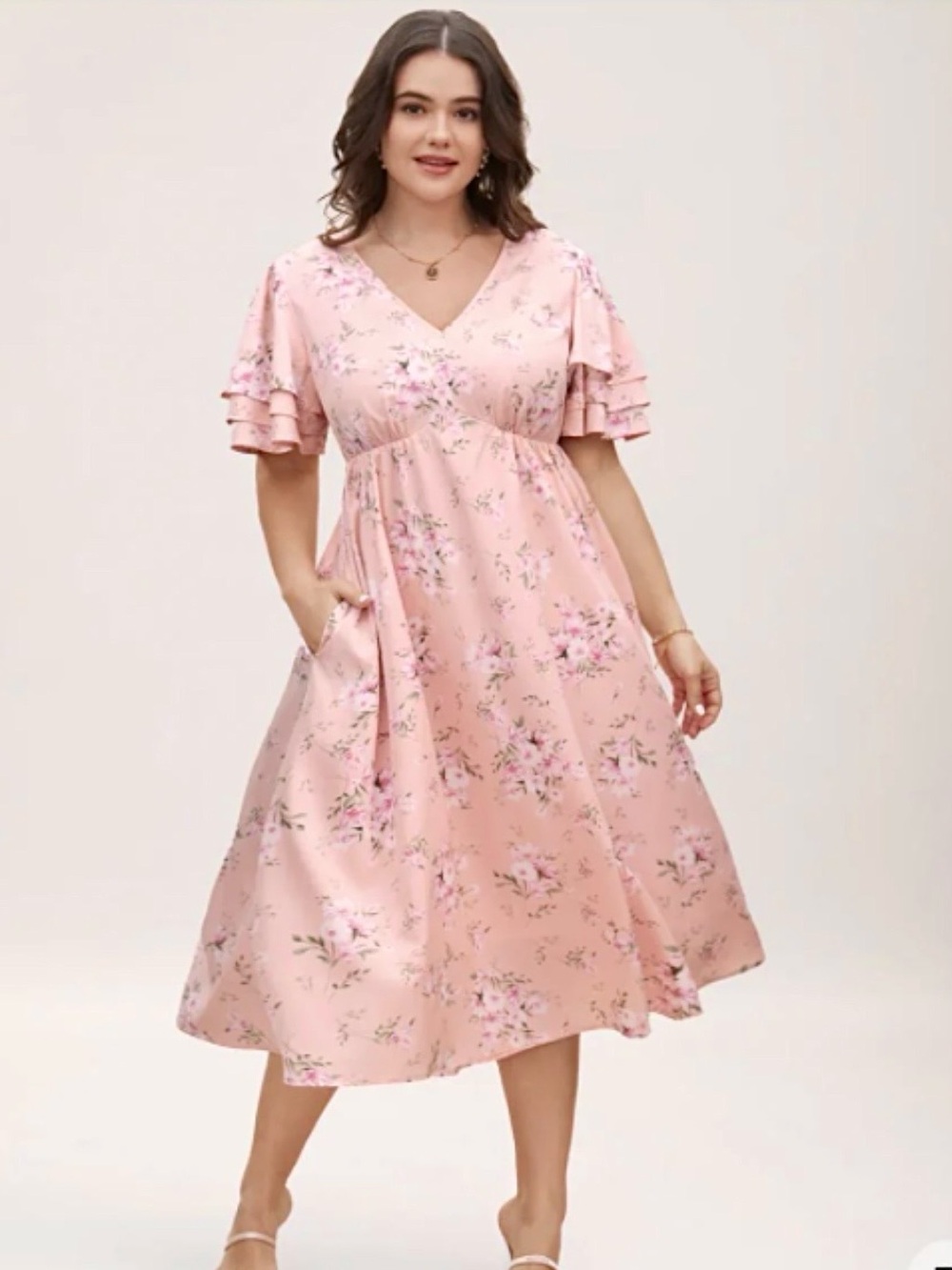 Bloomchic Floral Ruffle Feminine Midi Dress Pink Everyday Cottagecore Dainty